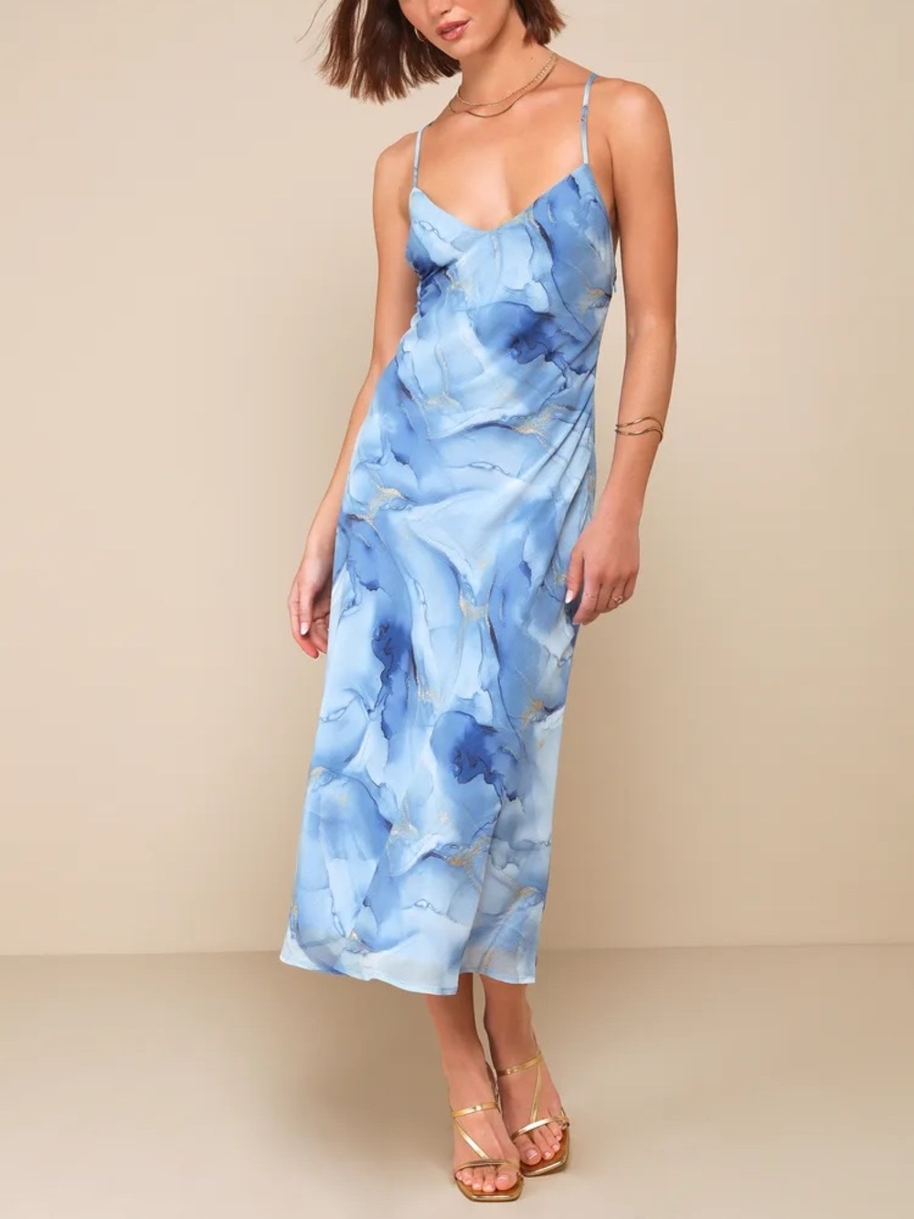 Lulus Bright Charm Blue Abstract Print Chiffon Slip Midi Dress Size XL